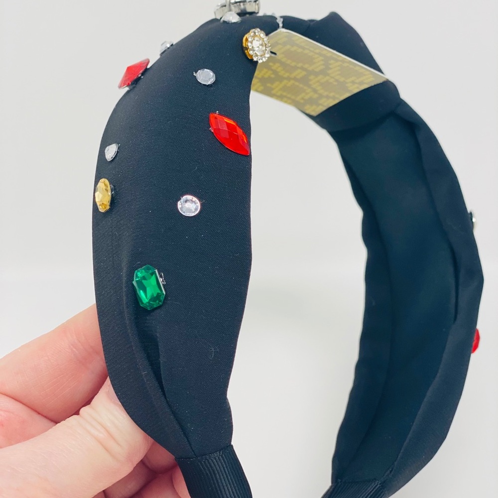 Women’s Rhinestone Multi-Colored Beaded Gems Knotted Detail Headband Black NEW